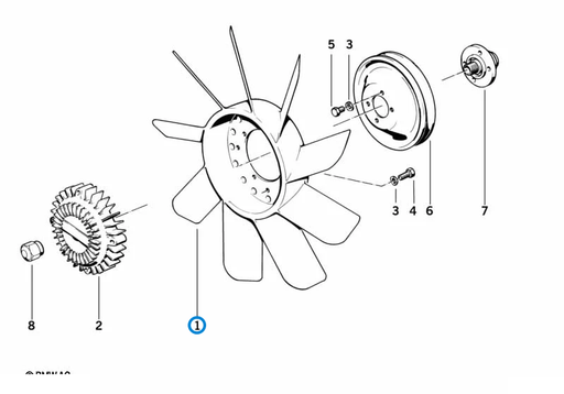BMW parts diagram with part 11521723363 (11-Blade Cooling Fan - M20 / M21 / M30 / S38) highlighted in the cooling system fan fan coupling assembly