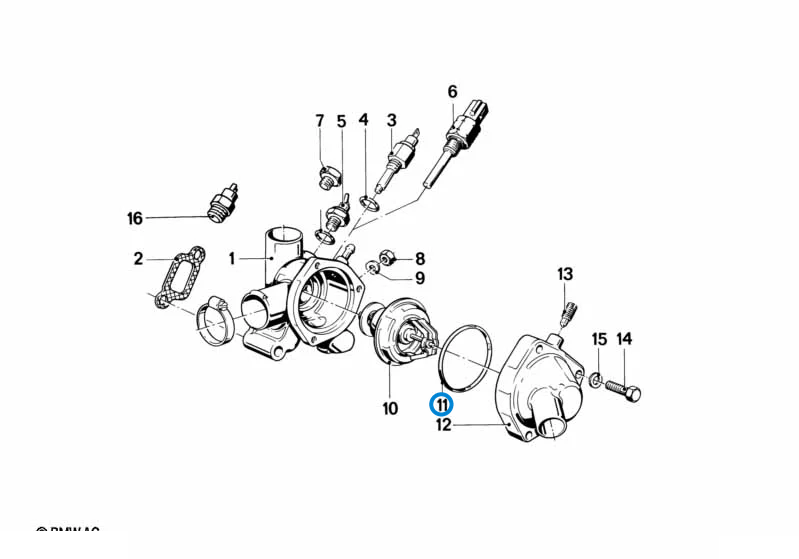 BMW parts diagram with part 11531265084 highlighted in the cooling system thermostat water hoses assembly