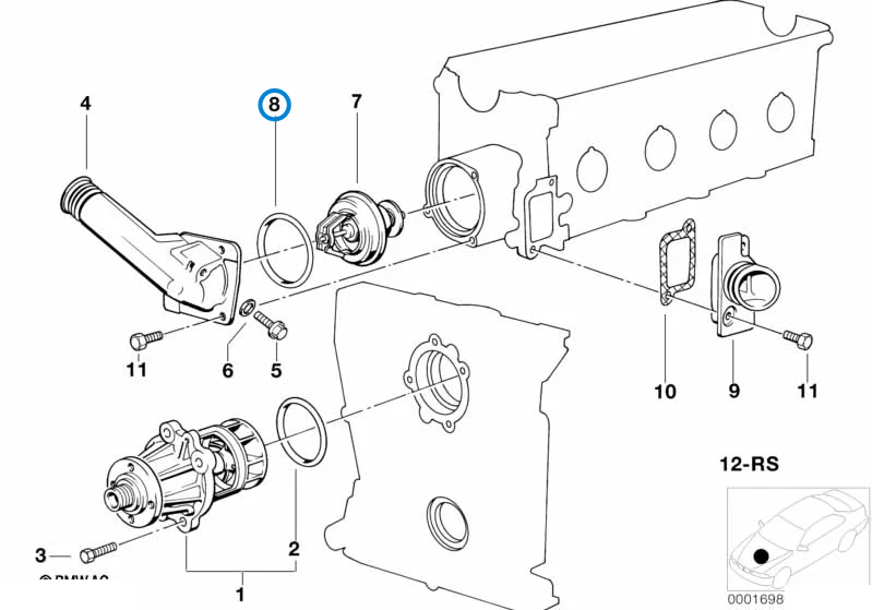 BMW parts diagram with part 11531265084 (O-ring for Thermostat Housing) highlighted in the water pump thermostat assembly