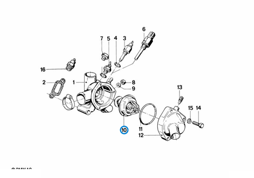 BMW parts diagram with part 11531265085 (Thermostat 80℃ – M20 / M21) highlighted in the cooling system thermostat water hoses assembly