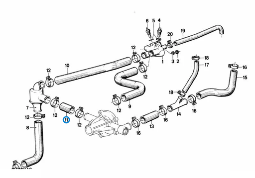 BMW parts diagram with part 11531276542 (Thermostat to Water Pump Hose - M10) highlighted in the cooling system thermostat water hoses assembly