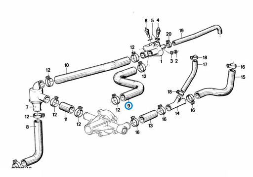 BMW parts diagram with part 11531278909 (Water Hose - M10) highlighted in the cooling system thermostat water hoses assembly