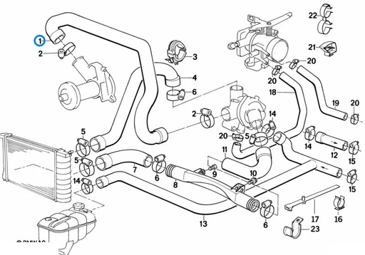 BMW parts diagram with part 11531287651 (Water Pump to Thermostat Hose - M20) highlighted in the cooling system water hoses assembly