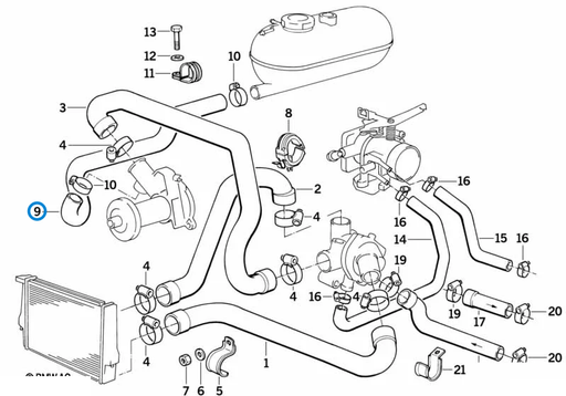 BMW parts diagram with part 11531289257 (Expansion Tank to Water Pump Hose - M20) highlighted in the cooling system water hoses assembly