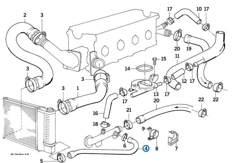 BMW parts diagram with part 11531709052 (Water Hose - M40 / M42) highlighted in the cooling system water hoses assembly
