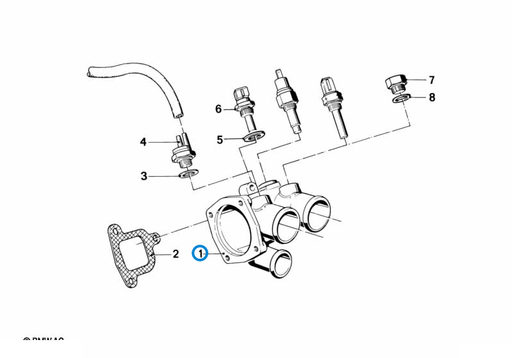 BMW parts diagram with part 11531710953 (Thermostat 80℃ – M20 / M30 / M50) highlighted in the cooling system thermostat water hoses assembly