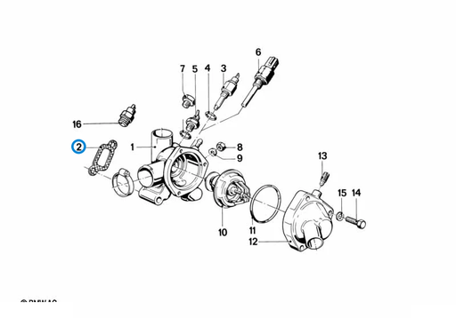 BMW parts diagram with part 11531722692 (Thermostat Housing Gasket) in the cooling system thermostat water hoses assembly