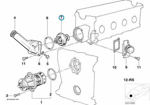 BMW parts diagram with part 11537511580 (Thermostat 88℃ – M40 / M42 / M50) highlighted in the waterpump thermostat assembly