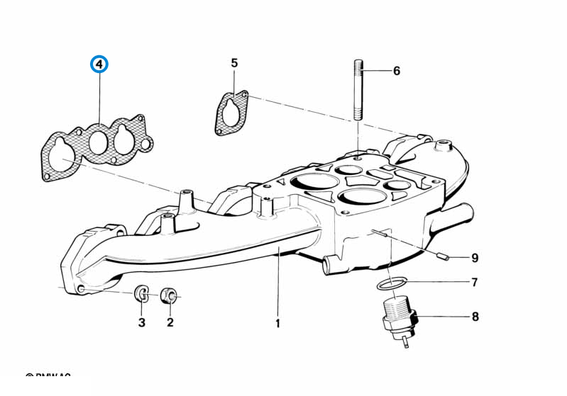 BMW parts diagram with part 11611730743 (Intake Manifold Gasket - M20, 325e) in the intake manifold system assembly