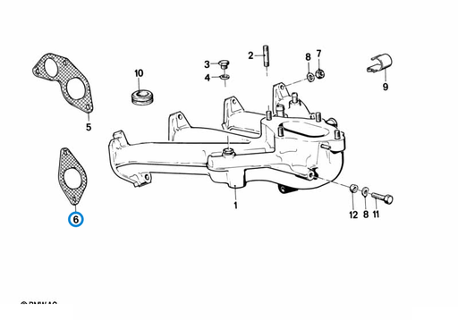 BMW parts diagram with part 11611734436 (Intake Manifold Gasket - M10) in the intake manifold system assembly