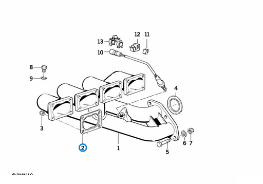 BMW parts diagram with part 11621312992 (Exhaust Manifold Gasket - S14 / S38) in the exhaust manifold assembly