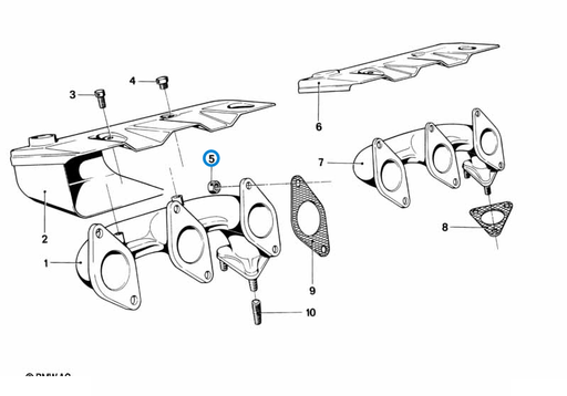 BMW parts diagram with part 11621711954 (Flanged Copper Exhaust Nut - M10 / M40 / M20) highlighted in the exhaust manifold assembly