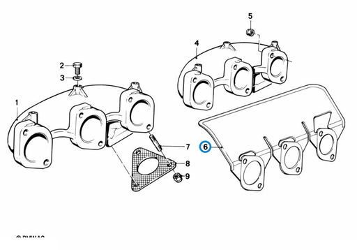 BMW parts diagram with part 11621723655 (Exhaust Manifold Gasket - M20) in the exhaust manifold assembly