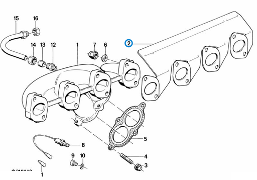 BMW parts diagram with part 11621723833 (Exhaust Manifold Gasket - M10) in the exhaust manifold assembly