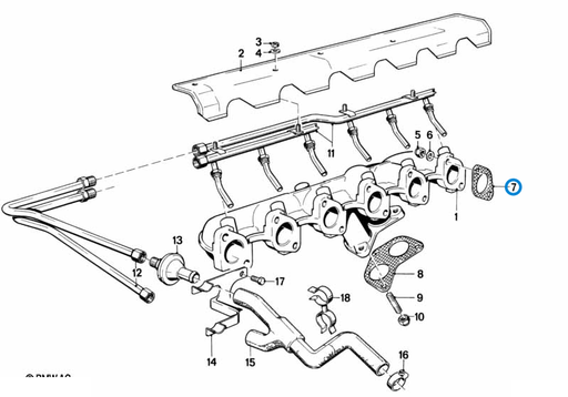 BMW parts diagram with part 11621723852 (Exhaust Manifold Gasket - M10 / M20) in the emission control assembly