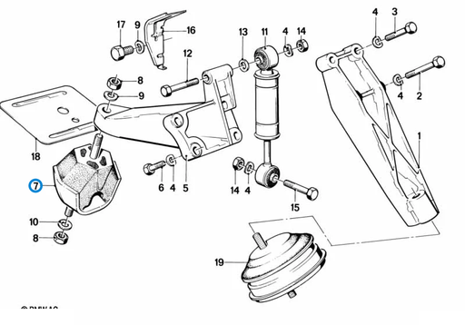 BMW parts diagram with part 11811129286 (Engine Mount - M10 / M40) in the engine suspension damper assembly