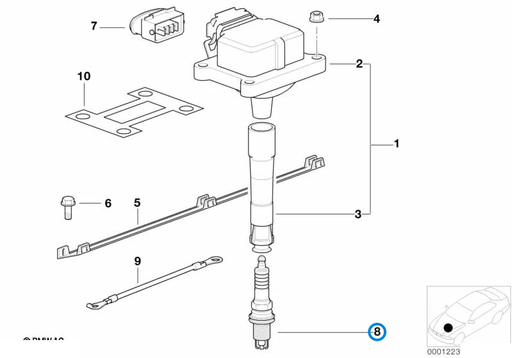 BMW parts diagram with part 12129071003 (NGK BKR6EK Spark Plug) in the ignition coil spark plug assembly