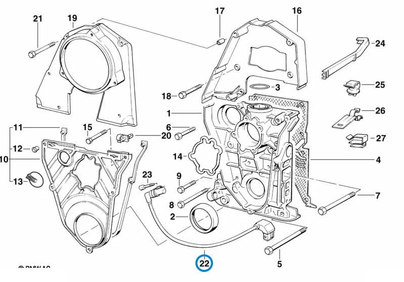 BMW parts diagram showing Pulse Generator (Crank Position Sensor) - M20 / M40 12141720858 in the wheel casing assembly