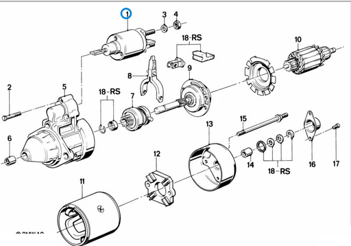 BMW parts diagram with part 12411726039 (Starter Motor Solenoid Switch - M40 / M42 / M20 / M43 / M50 / S38) highlighted in the starter single parts assembly