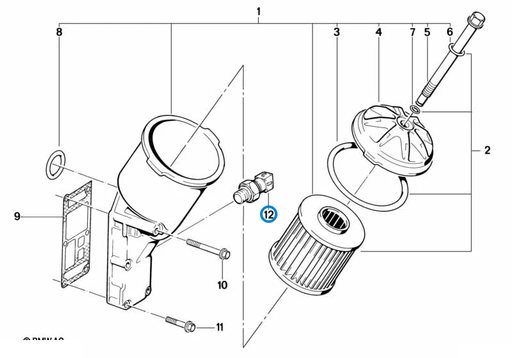 BMW parts diagram with part 12618611273 (Oil Pressure Switch) highlighted in the lubrication system oil filter assembly