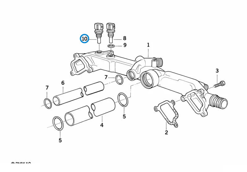BMW parts diagram with part 12621288158 (Water Temperature Sensor - M21 / M30 / M60) highlighted in the cooling system pipe assembly