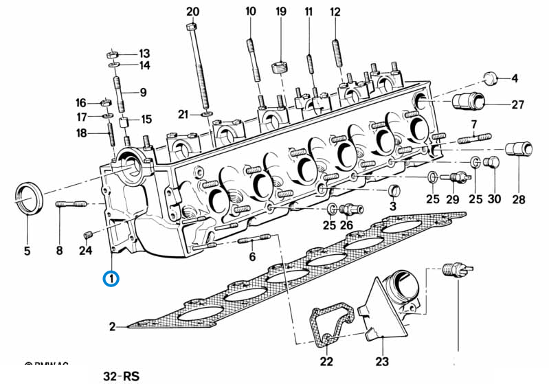 BMW parts diagram with part 12621288158 (Water Temperature Sensor - M21 / M30 / M60) highlighted in the cylinder head assembly