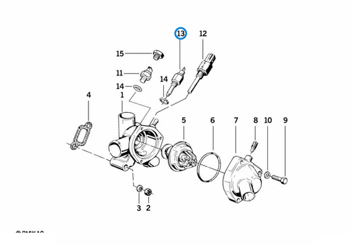 BMW parts diagram with part 12621710511 (Engine Coolant Temperature Sensor) highlighted in the cooling system thermostat housing assembly