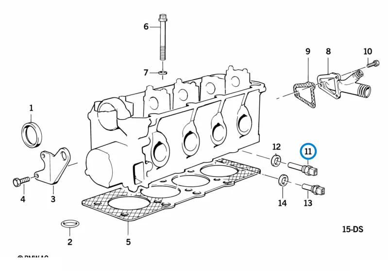 BMW parts diagram with part 12621710511 (Engine Coolant Temperature Sensor) highlighted in the cylinder head attached parts assembly