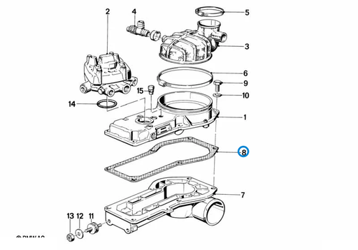 BMW parts diagram with part 13511262077 (Air Flow Sensor Gasket - M10 / M20) highlighted in the volume air flow sensor assembly
