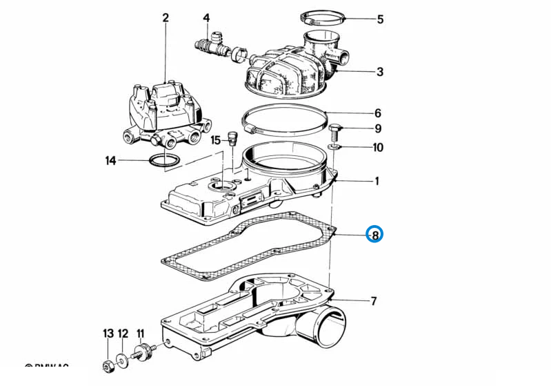 BMW parts diagram with part 13511262077 (Air Flow Sensor Gasket - M10 / M20) highlighted in the volume air flow sensor assembly