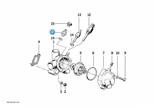 BMW parts diagram with part 13621709967 (Coolant Temperature Sensor) highlighted in the cooling system thermostat housing assembly