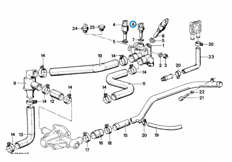 BMW parts diagram with part 13621709967 (Coolant Temperature Sensor) highlighted in the cooling system thermostat water hoses assembly