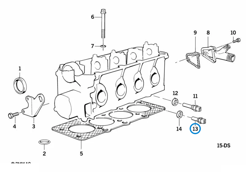 BMW parts diagram with part 13621709967 (Coolant Temperature Sensor) highlighted in the cylinder head attached parts assembly