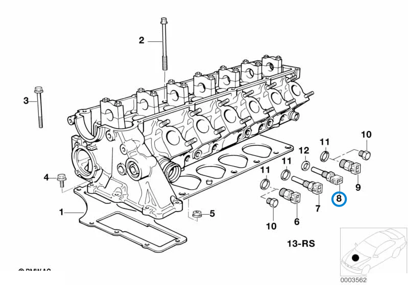 BMW parts diagram with part 13622242184 (Coolant Temperature Sensor - M21 / M51 Diesel) highlighted in the cylinder head attached parts assembly