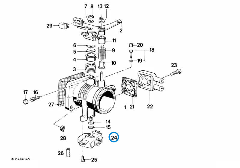 BMW parts diagram with part 13631710559 (Throttle Position Sensor - M20 / S14) highlighted in the throttle housing assy assembly