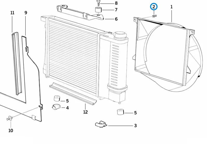 BMW parts diagram with part 17111712963 (Expanding Rivet) highlighted in the fan shroud assembly