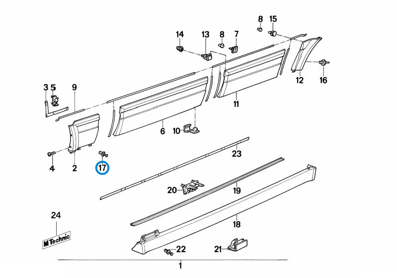 BMW parts diagram with part 17111712963 (Expanding Rivet) highlighted in the m cover for rocker panel wheel arch assembly