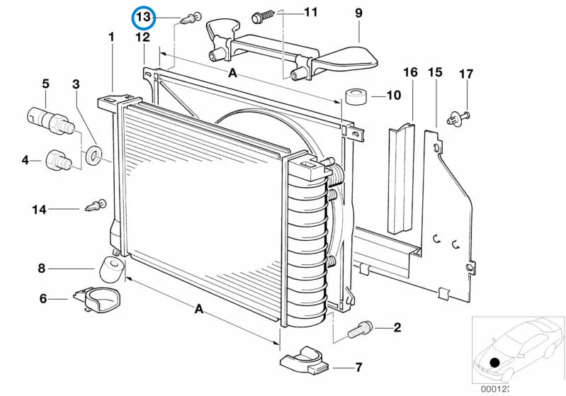 BMW parts diagram with part 17111712963 (Expanding Rivet) highlighted in the radiator frame assembly