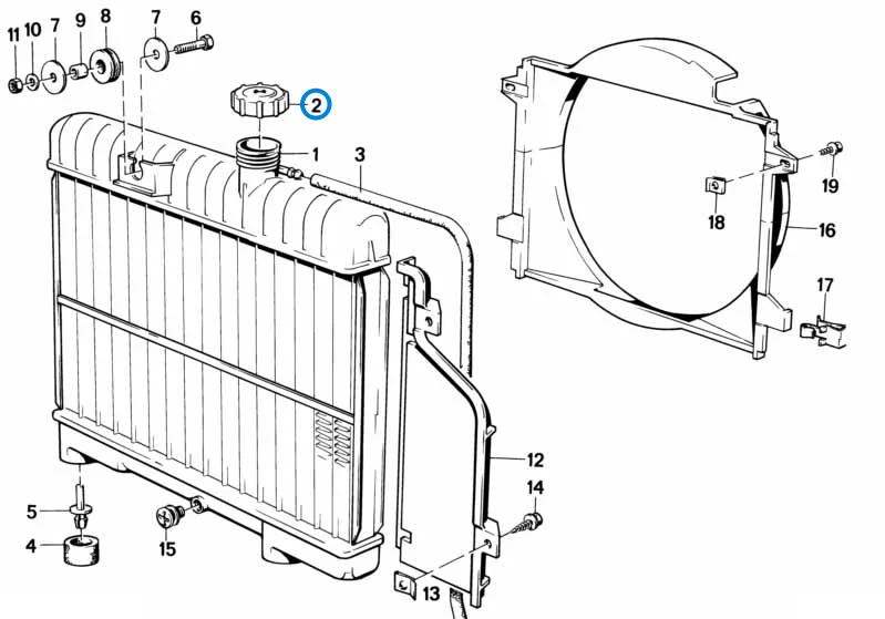 BMW parts diagram with part 17114379047 (Radiator Cap) highlighted in the radiator frame assembly