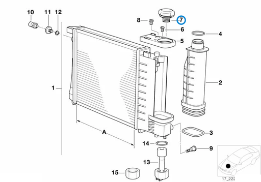 BMW parts diagram with part 17117639022 (Radiator Cap - M42 (Also Many E34 Engines)) highlighted in the radiator assembly