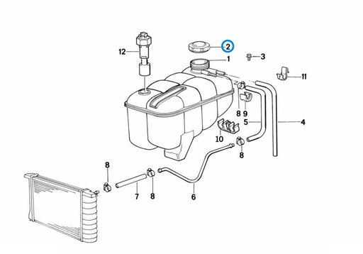BMW parts diagram with part 17137639023 (Radiator Cap - 1.4 Bar) highlighted in the expansion tank assembly