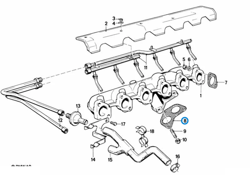 BMW parts diagram with part 18111728363 (Exhaust Manifold To Front Pipe Gasket) highlighted in the emission control assembly