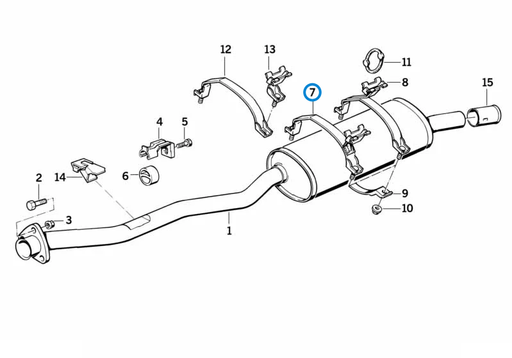 BMW parts diagram with part 18211707923 (Exhaust Rear Clamp - E30) highlighted in the rear muffler assembly