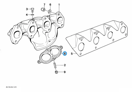 BMW parts diagram with part 18301728208 (Exhaust Manifold To Down Pipe Gasket - M40 / M43) highlighted in the exhaust manifold assembly