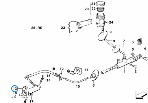 BMW parts diagram with part 21521157212 (Brembo Clutch Slave Cylinder) highlighted in the clutch control assembly
