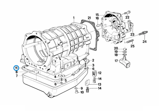 BMW parts diagram with part 24111217082 (Automatic Gearbox Oil Pan Gasket) highlighted in the zf 4hp22 24 housing parts oil pan assembly