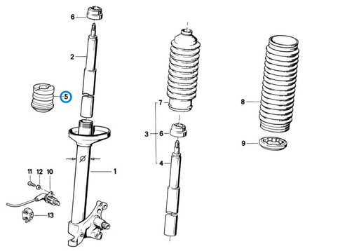 BMW parts diagram with part 31331124449 (Front Shock Bump Stop - Standard) highlighted in the front spring strut shock absorber assembly
