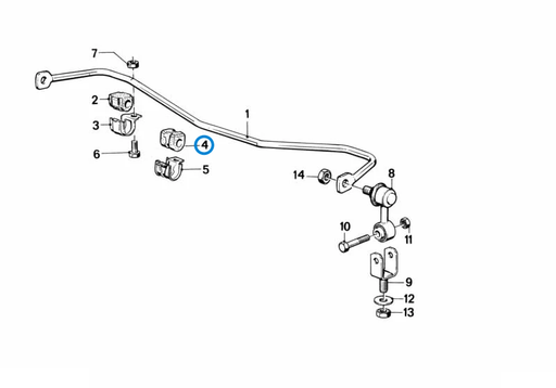 BMW parts diagram with part 31351127414 (Front Anti-Roll Bar Rubber Mounting - 18.5mm) highlighted in the stabilizer front assembly