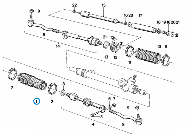 BMW parts diagram with part 32111127104 (Steering Rack Rubber Boot) highlighted in the steering linkage tie rods assembly