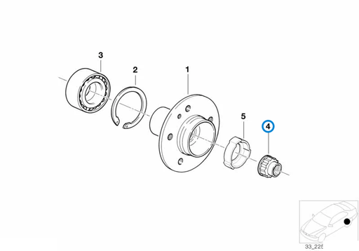 BMW parts diagram with part 33411125664 (Rear Axle / Wheel Bearing Nut) highlighted in the side shaft wheel bearings assembly